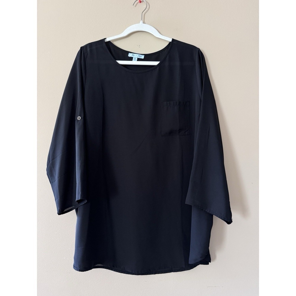 She + Sky 3/4 Sleeve Top Black Size 2x Blouse Light Weight Flowy Dress Top Euc